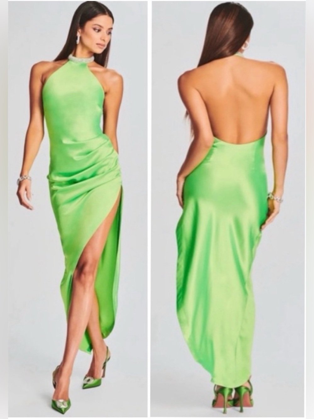 NEW Retrofete Maria Satin Jeweled Neck Dress Lime Punch Size Medium